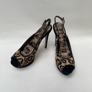 Sam Edelman Leopard Print Slingback Platform High Heel Real Calf Fur Size 7.5